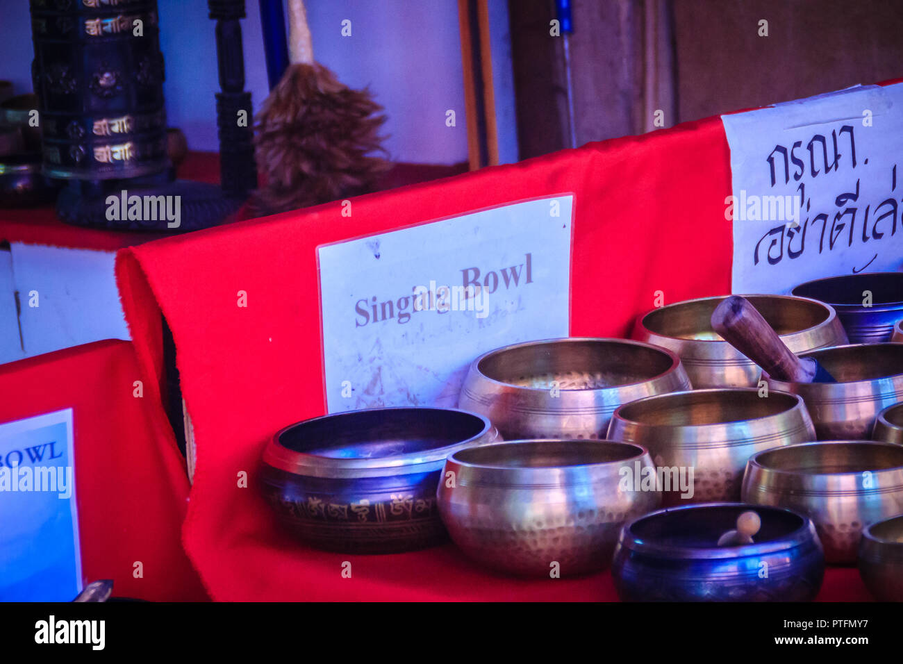 Tibetan singing bowls for sale at the antique market. Singing bowls