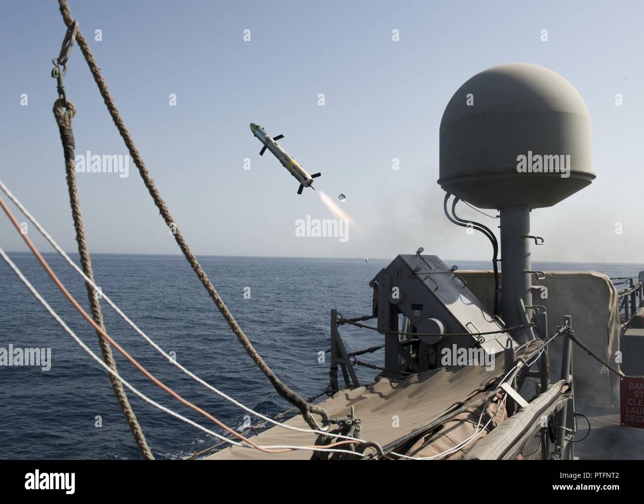 ARABIAN GULF (July 20, 2017) A griffin missile is launched from coastal patrol ship USS Thunderbolt (PC 12) during a test and proficiency fire exercise, July 18. USS Chinook is one of ten coastal patrol ships assigned to Coastal Patrol Squadron (PCRON) 1 home-ported in Manama, Bahrain in support of maritime security operations and theatre security cooperation efforts in the U.S. 5th Fleet area of operations. Stock Photo