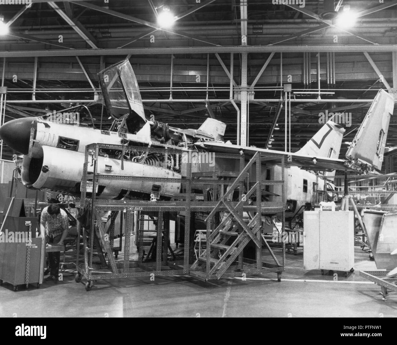 Ling-Tempco-Vaught A-7D Corsair II undergoing depot level maintenance at Tinker Air Force Base, Oklahoma in building 3001 circa April 1982. Stock Photo