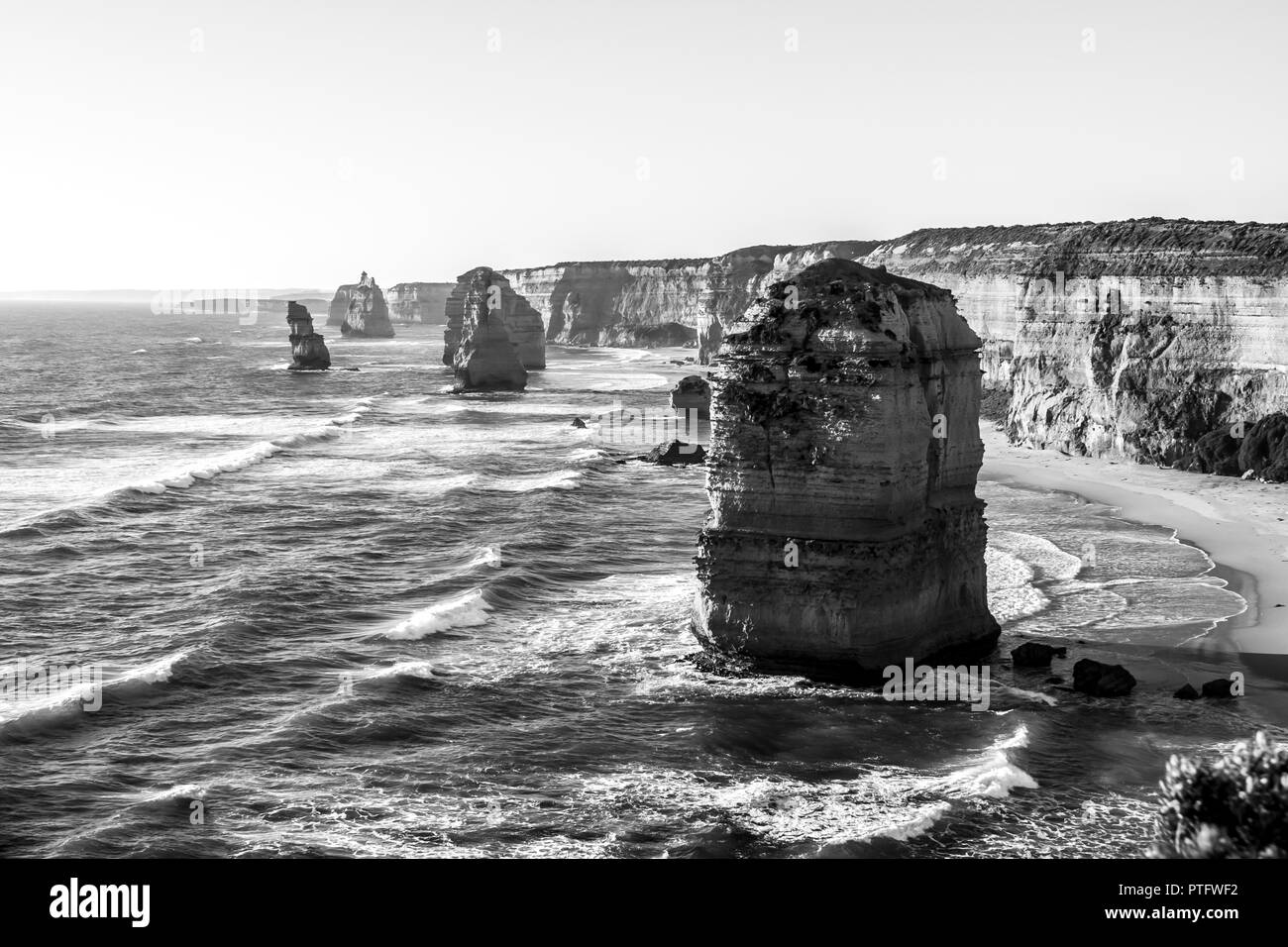 Twelve Apostles Sea Rocks near Great Ocean Road , Port Campbell National Park, Australia. Black and white image Stock Photo