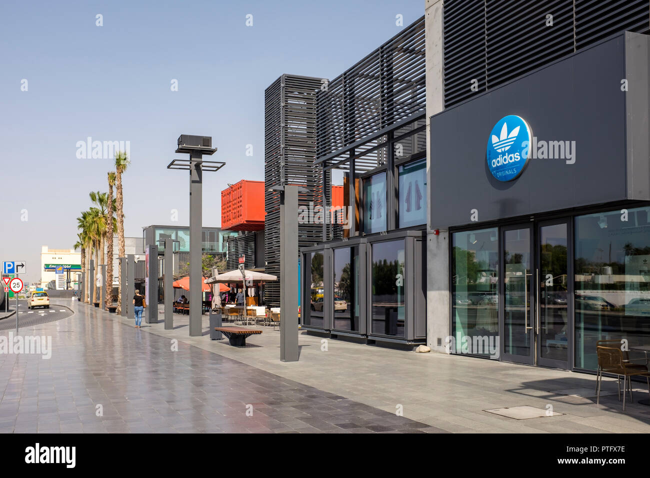 Shops and restaurants in Box Park, a trendy open-air leisure complex  constructed with shipping containers in the Al Wasl district of Dubai Stock  Photo - Alamy