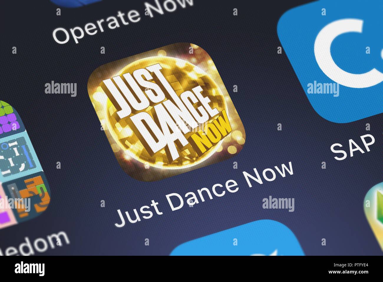 London, United Kingdom - October 09, 2018: Close-up shot of Ubisoft's popular app Just Dance Now. Stock Photo