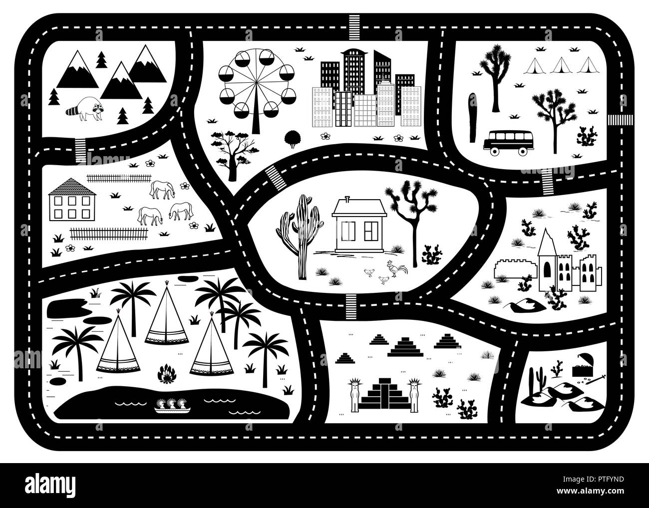 Road, Mountains and Woods Adventure Map. Kids play carpet or poster with native americans tribal elements. Trendy black and white Scandinavian Style.  Stock Vector
