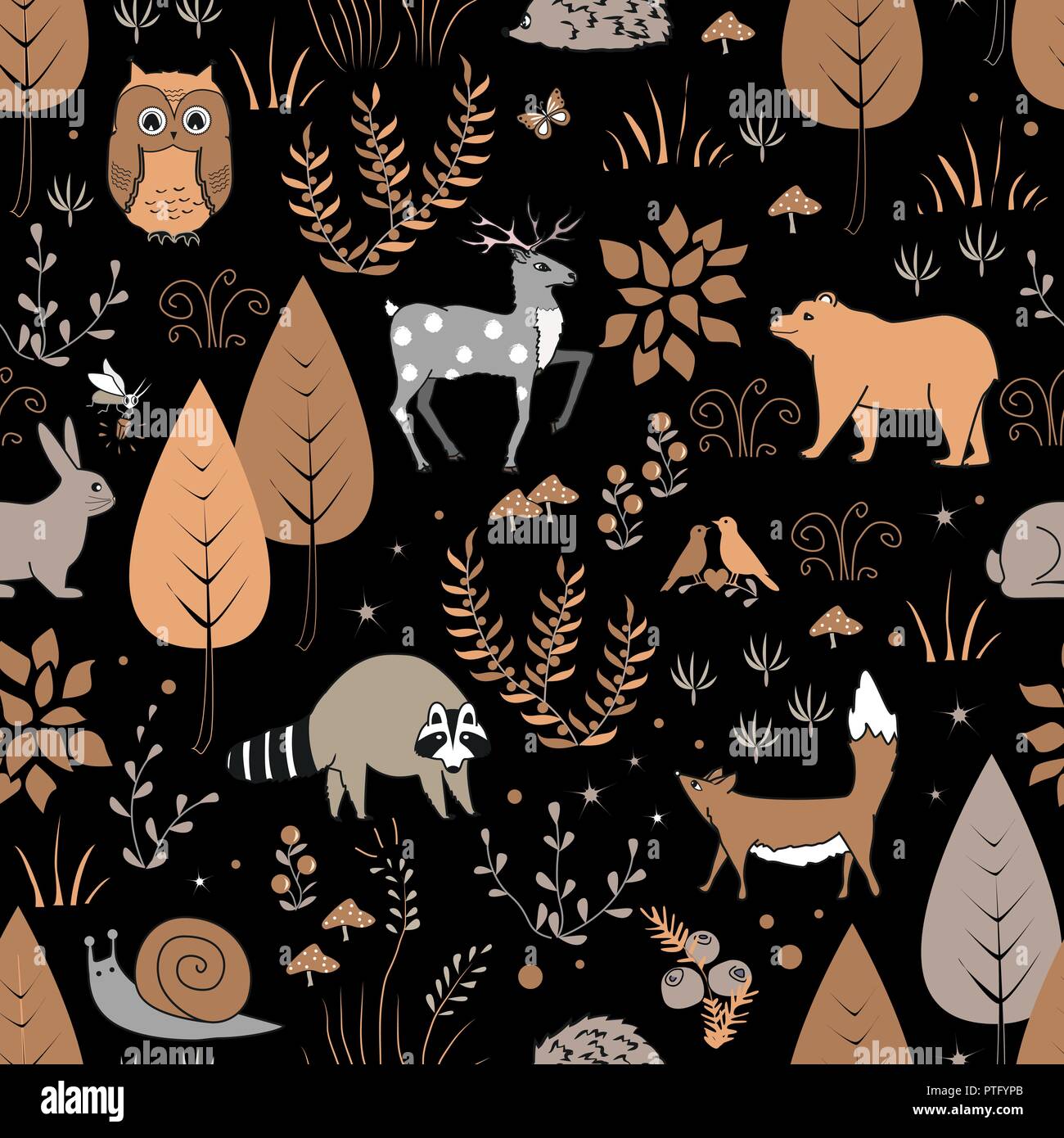 Cute vector seamless pattern with forest plants, raccoon, bear, deer ...