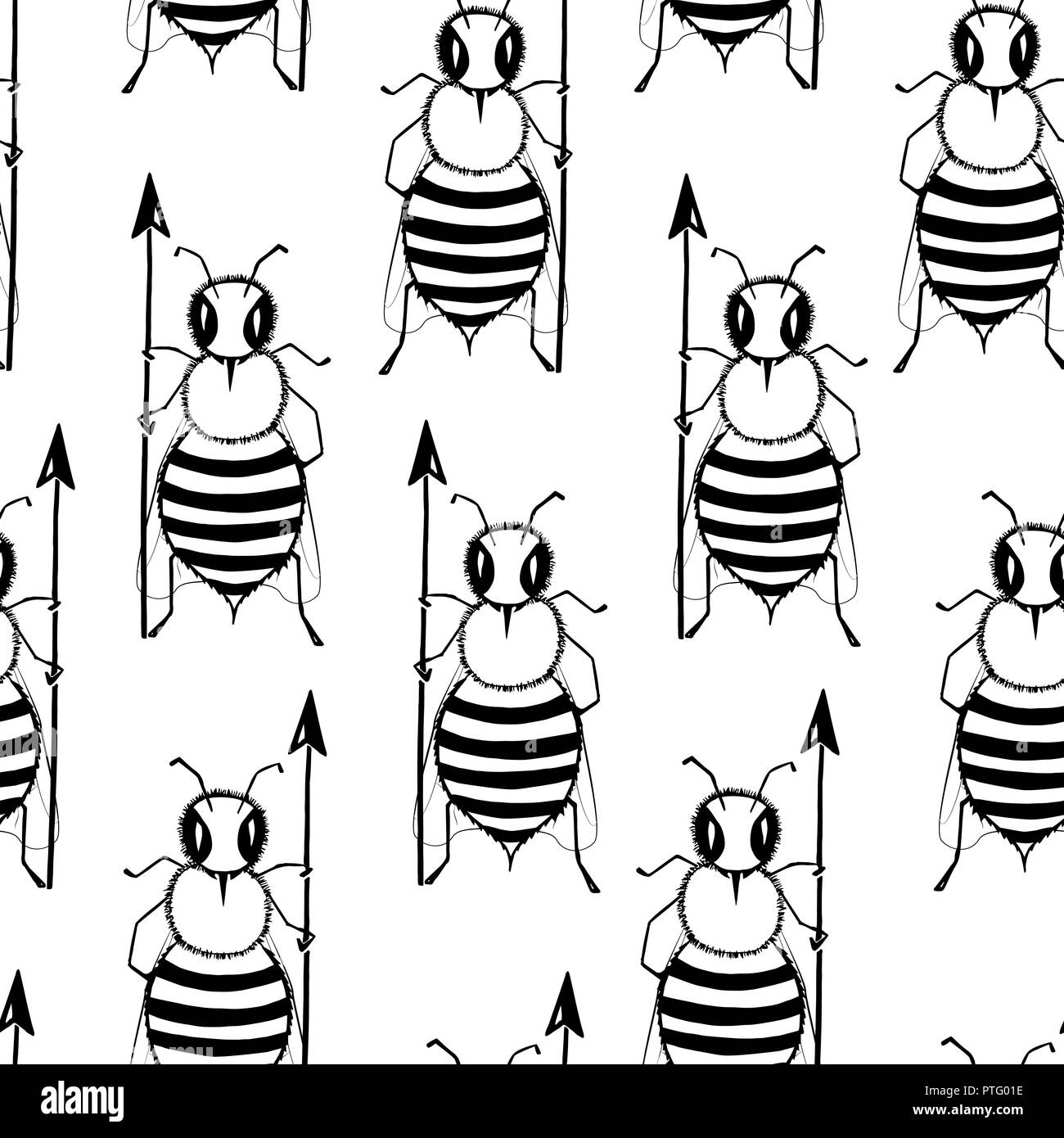 Seamless pattern with angry killer bees. Soldier bee with pike. Killer bees army. Vector background Stock Vector