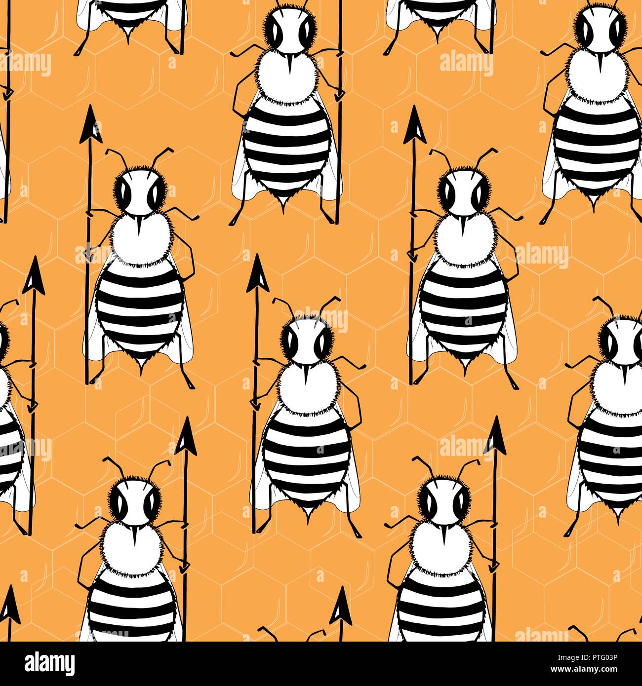 Seamless pattern with angry killer bees on the orange background. Soldier bee with pike. Killer bees army. Vector Stock Vector