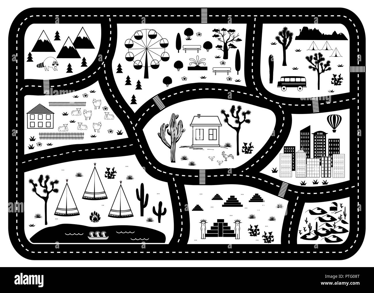 Road, Mountains and Woods Adventure Map. Kids play carpet or poster with native americans tribal elements. Trendy black and white Scandinavian Style.  Stock Vector