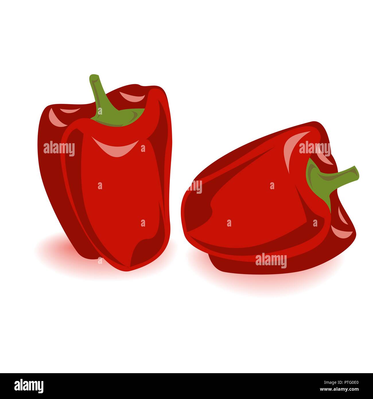 Two red bell pepper vegetables set. Vector illustration, cartoon and tasty capsium, isolated on white. Stock Vector