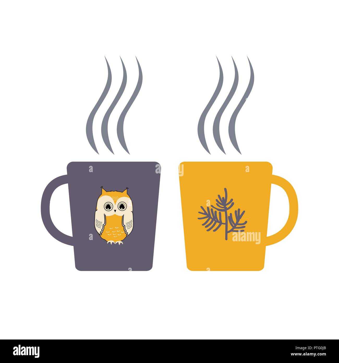 Two cute cartoon cups with hot drink. Hygge design element, vector illustration Stock Vector