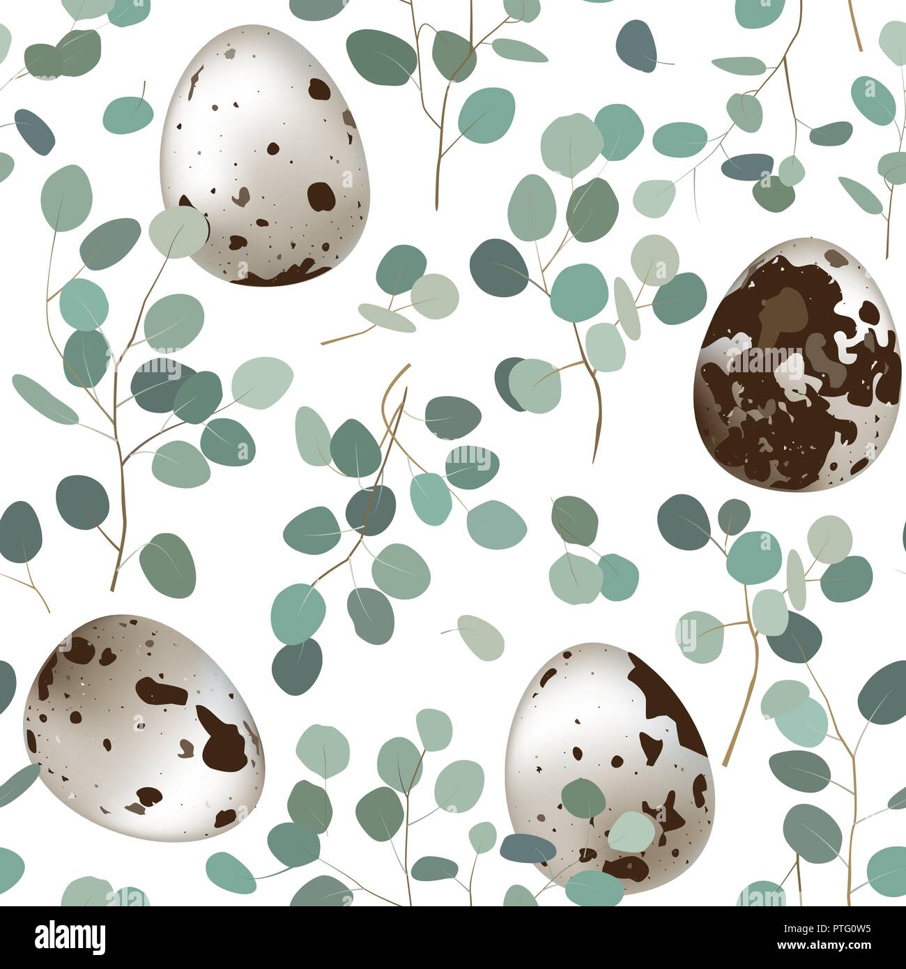 Delicate seamless pattern with quail eggs and elegant eucalyptus branches. Easter background, vector illustration Stock Vector