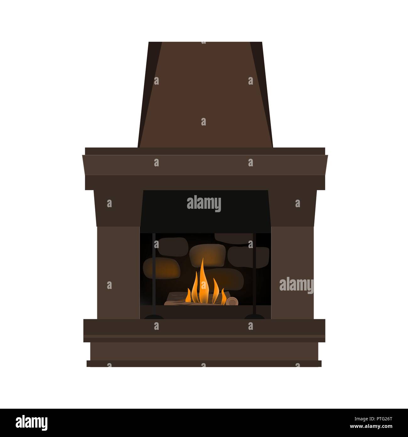 Fireplace in Danish hygge style - cozy and comfortable. Burning flame inside and brown wood frame construction. Vector illustration in realistic style Stock Vector