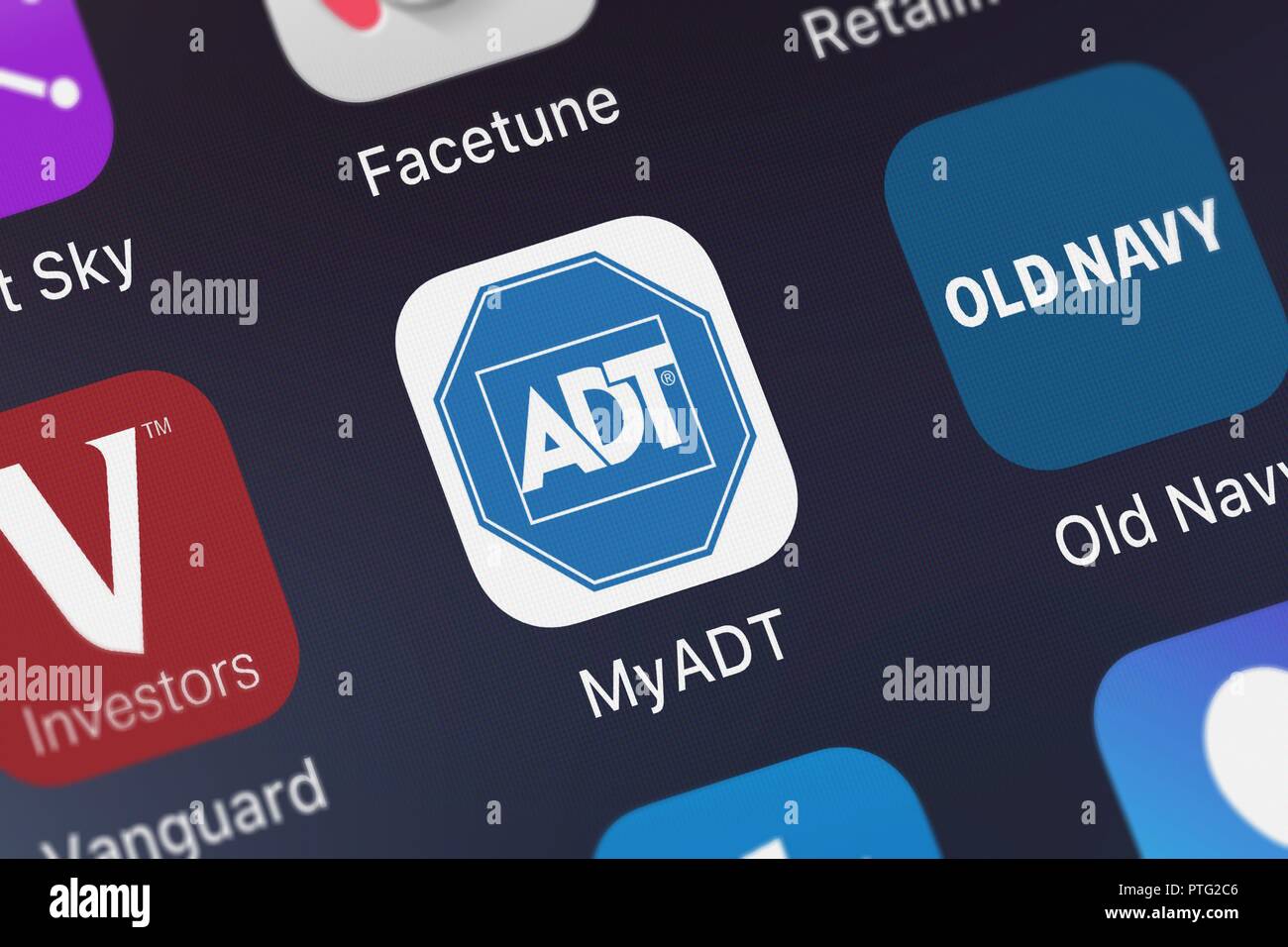 London, United Kingdom - October 09, 2018: Icon of the mobile app MyADT: ADT Customer Service – Home and Small Business Security Monitoring from ADT L Stock Photo