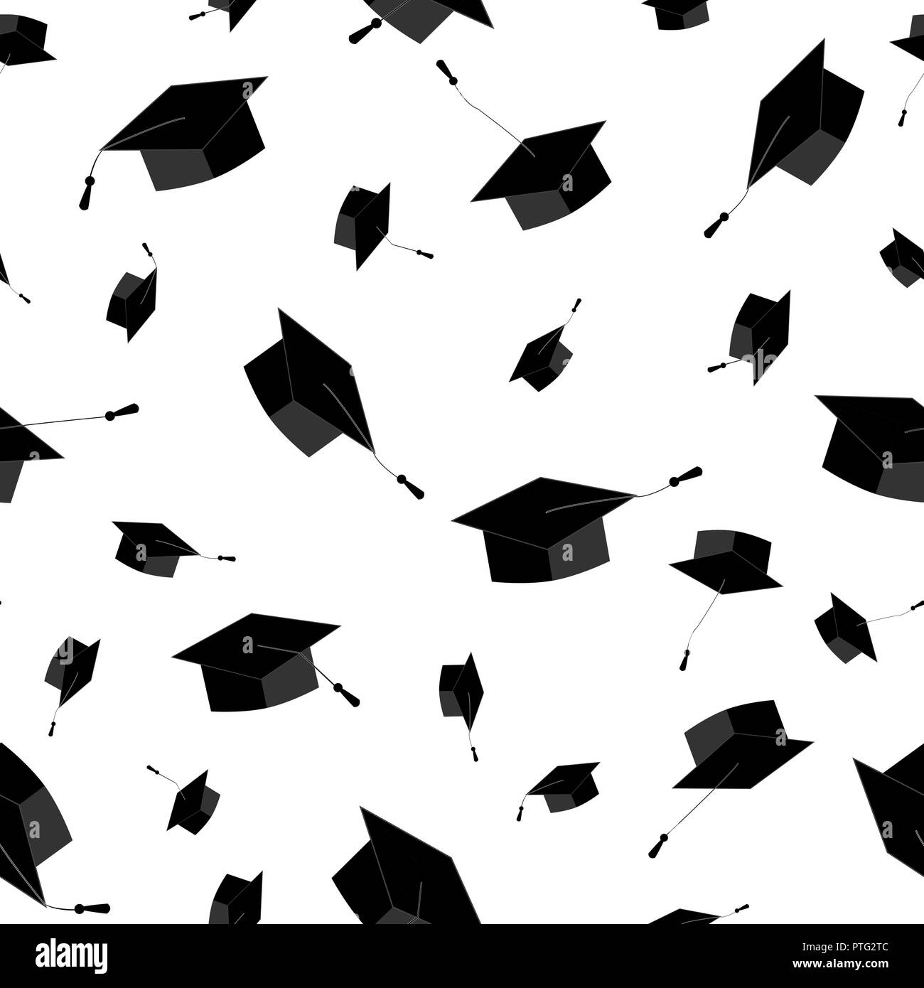 Graduation caps fly in the air in a moment of celebration. Seamless pattern. Vector illustration, black and white Stock Vector