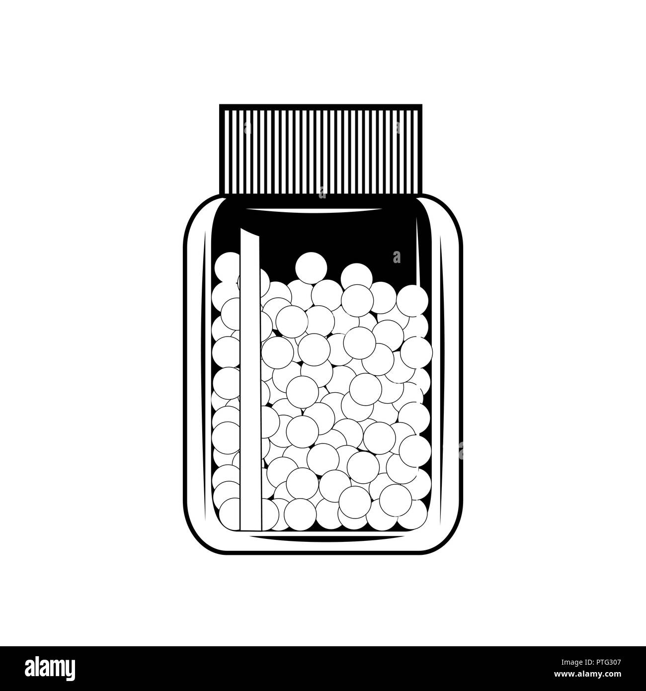 Bottle with gomeophatic granulas. Gomeopathy icon, black and white. Vector illustration Stock Vector