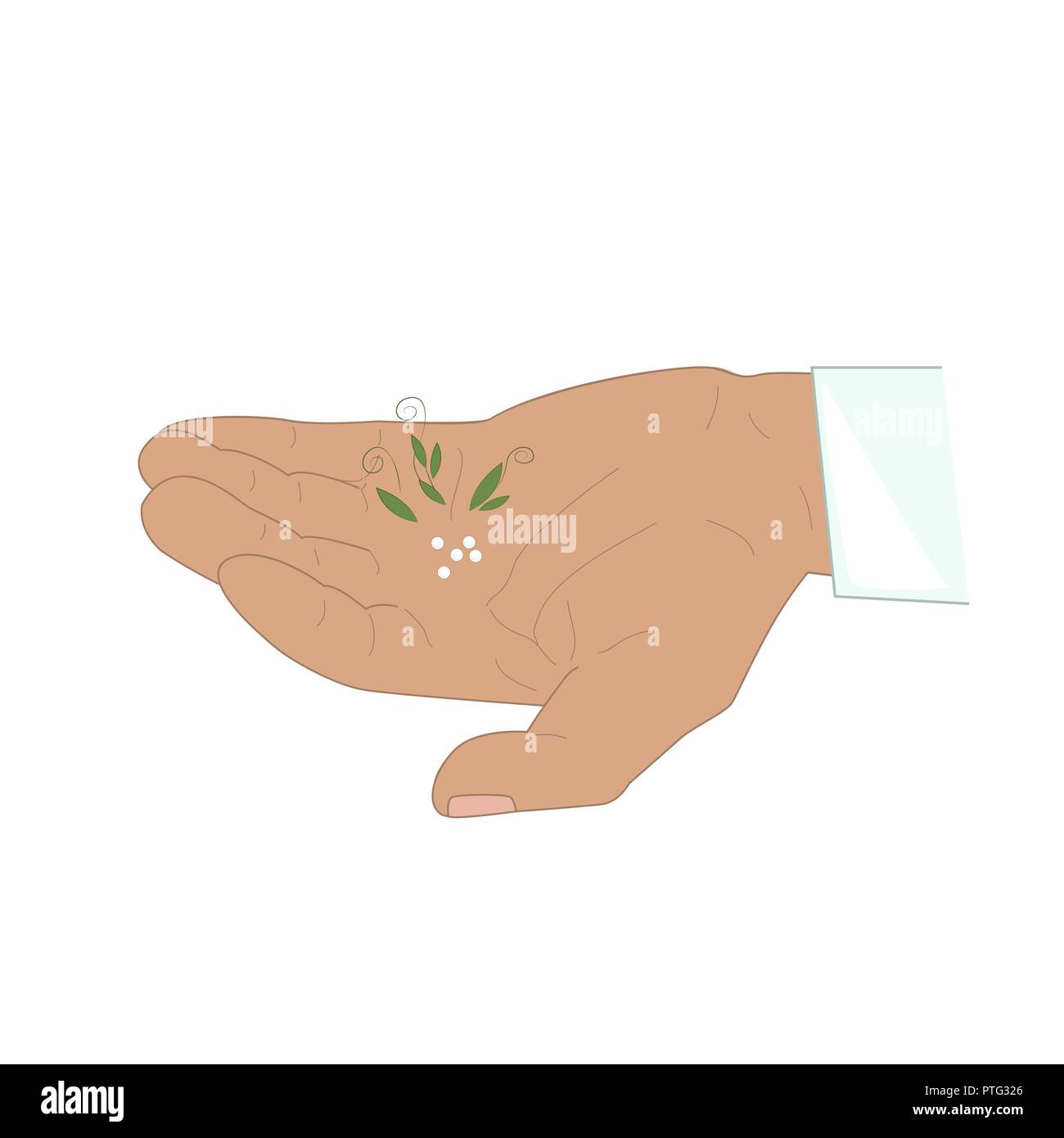 Male hand with granules or homeopathy. Homeopathic medicine concept, vector illustration Stock Vector