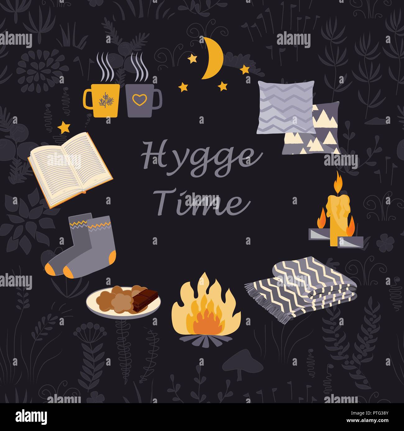 Circle frame for Hygge and Camping concepts. Pattern with cozy forest and camping symbols: blanket, warm socks, campfire, hot drink, moon, and grass.  Stock Vector