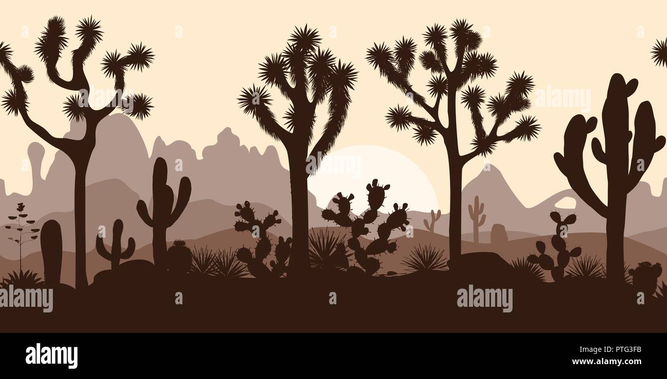 Desert seamless pattern with silhouettes of joshua trees, opuntia, and saguaro cacti. Mountains background. Stock Vector