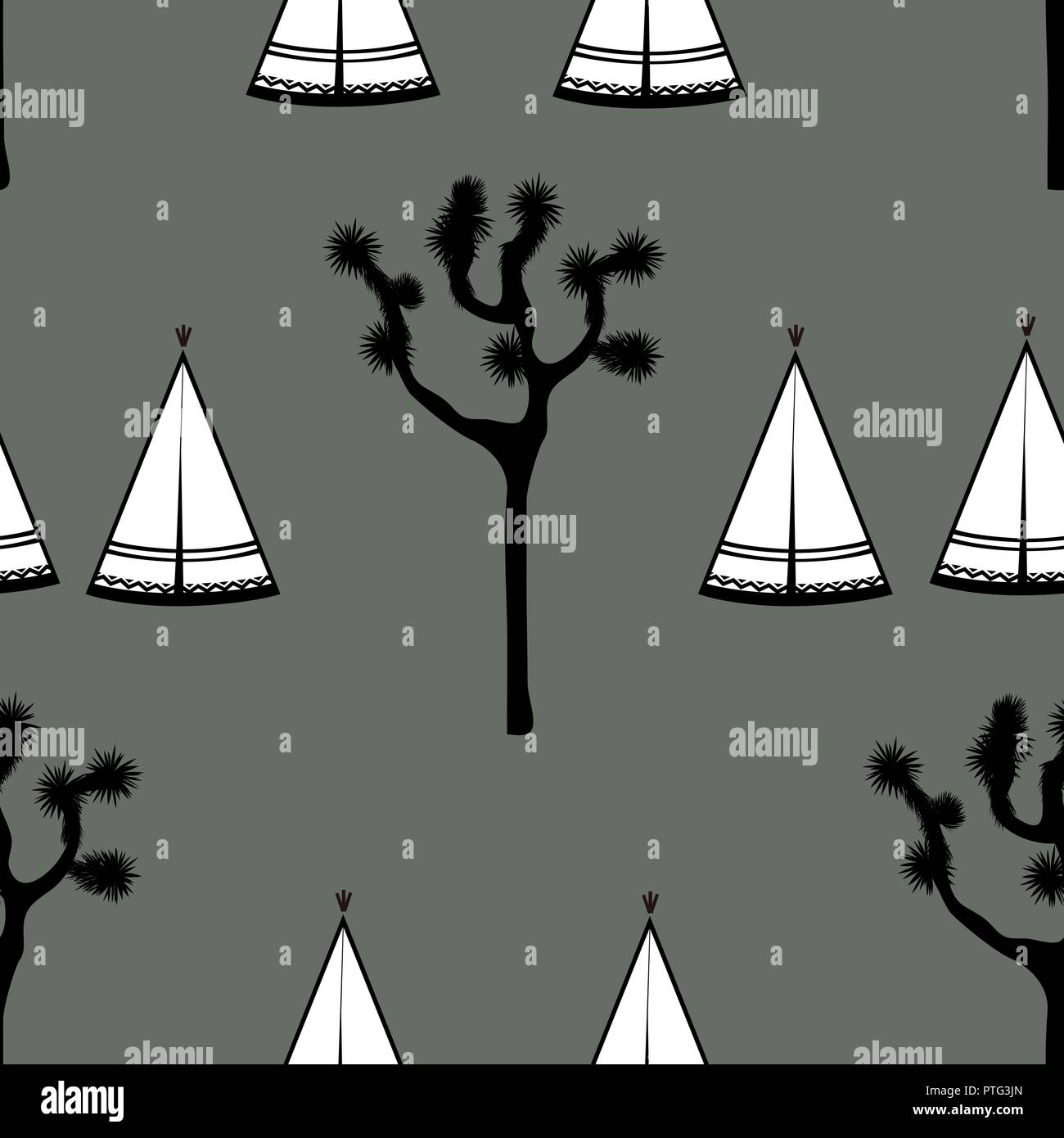 Indian tents and joshua tree on white background. Cute design for textile, wallpapers, kids industry. Vector illustration, hand drawn seamless pattern Stock Vector