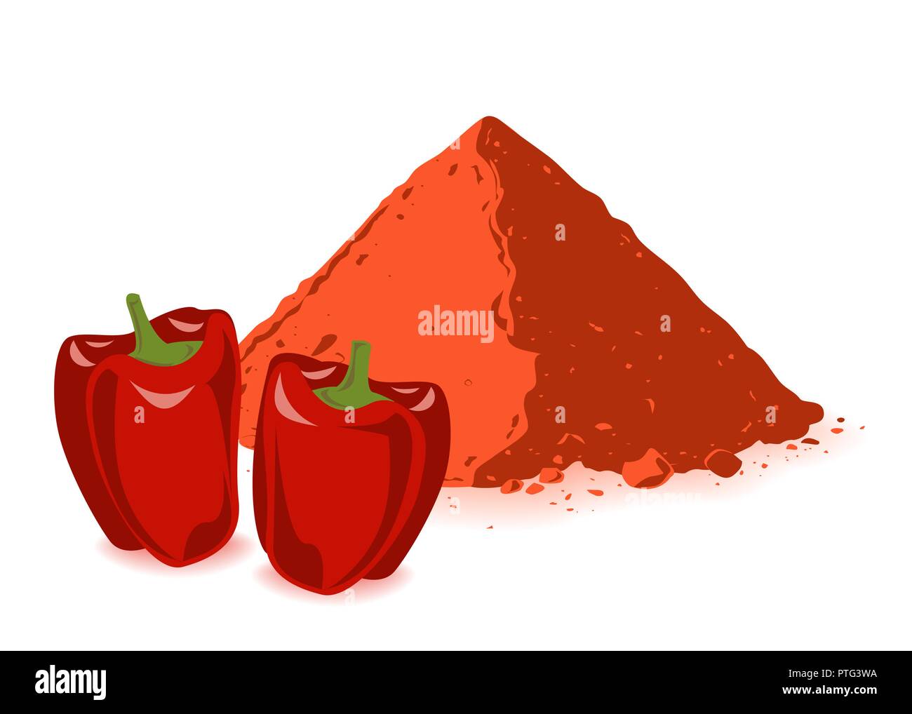 Paprika powder and bell pepper isolated on white background. Vector illustration. For food design, restaurant, store, market, natural health care prod Stock Vector
