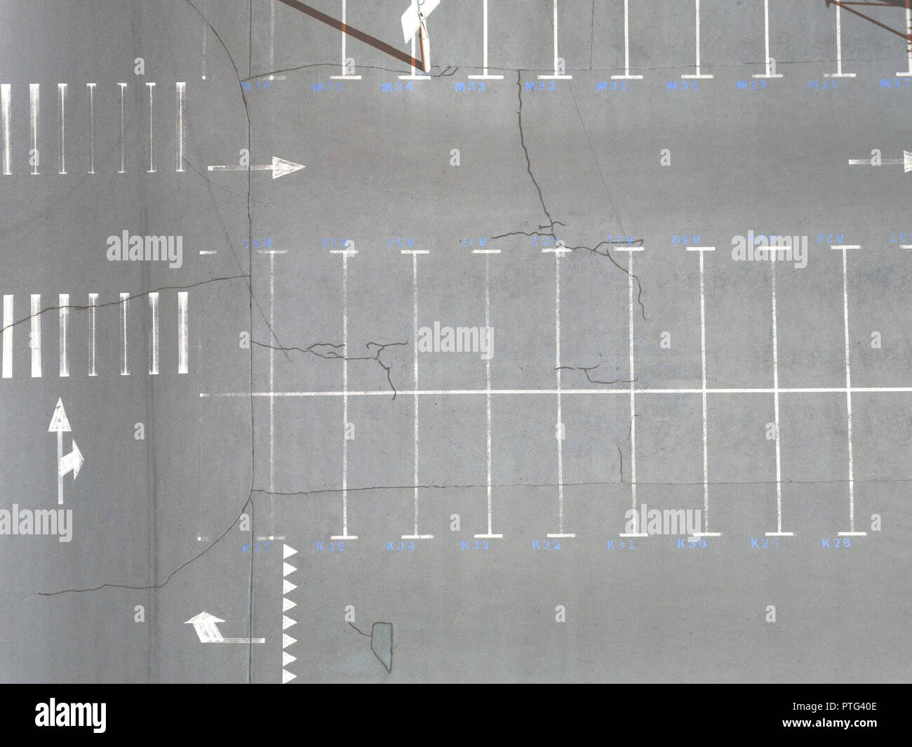 Aerial view of many empty parking spaces with markings summer day . Top view Stock Photo