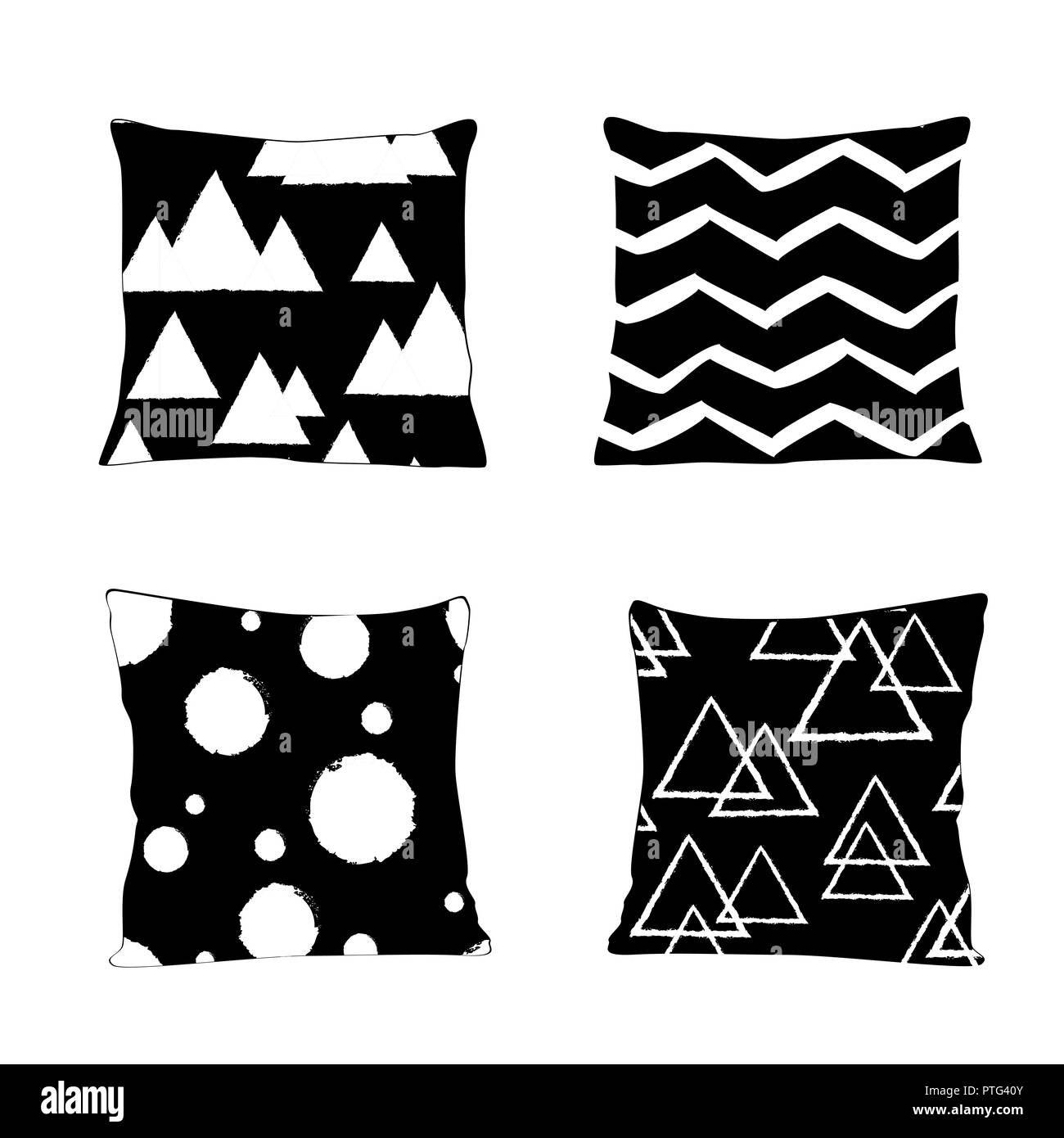 Realistic pillow models with different geometric prints and patterns in black and white colors. Apartment interior design elements. Scandinavian style Stock Vector