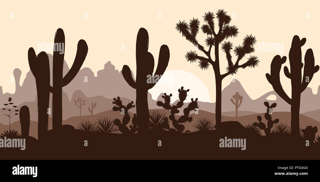 Desert seamless pattern with silhouettes of joshua trees, opuntia, and saguaro cacti. Mountains background. Stock Vector
