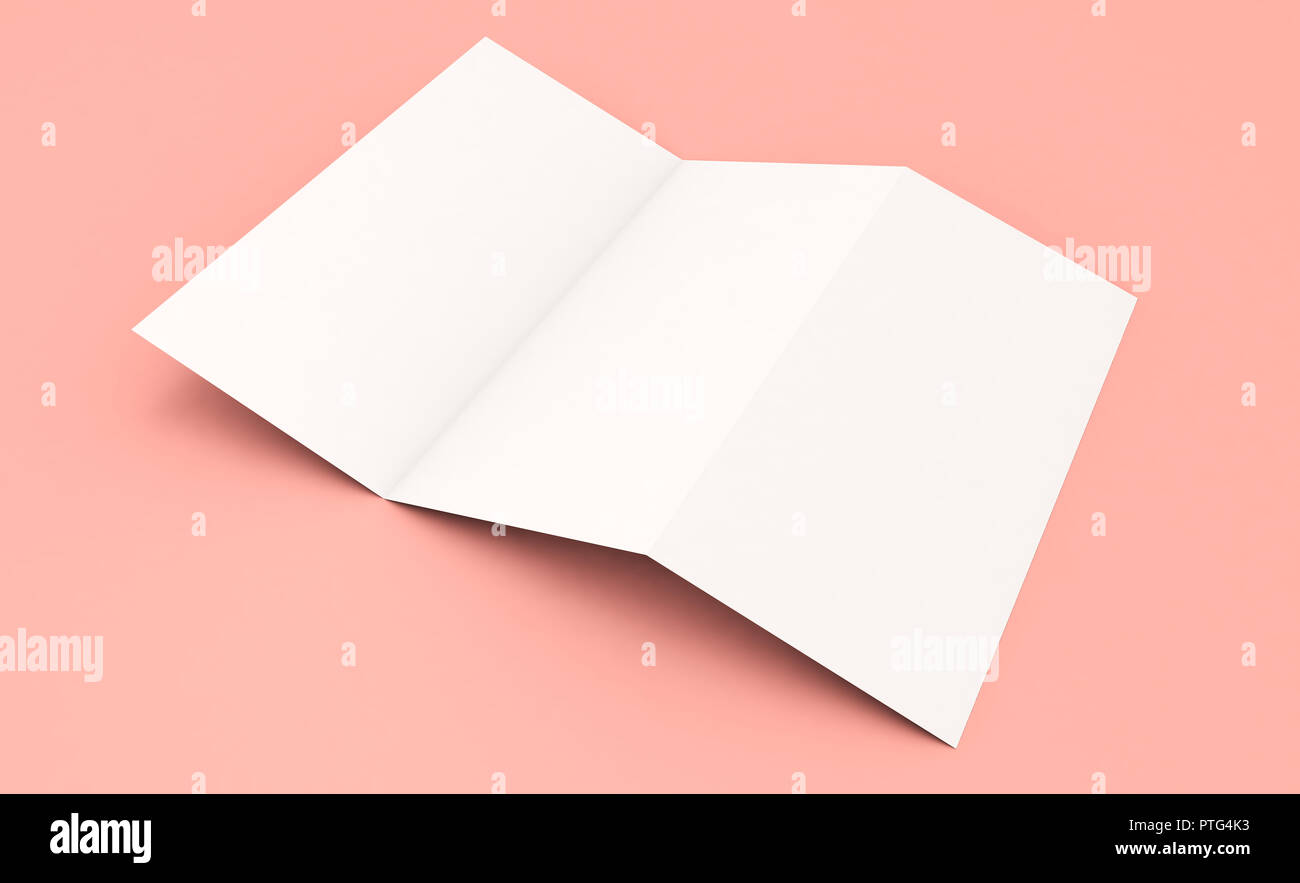 blank trifold brochure on pink background 3d rendering Stock Photo