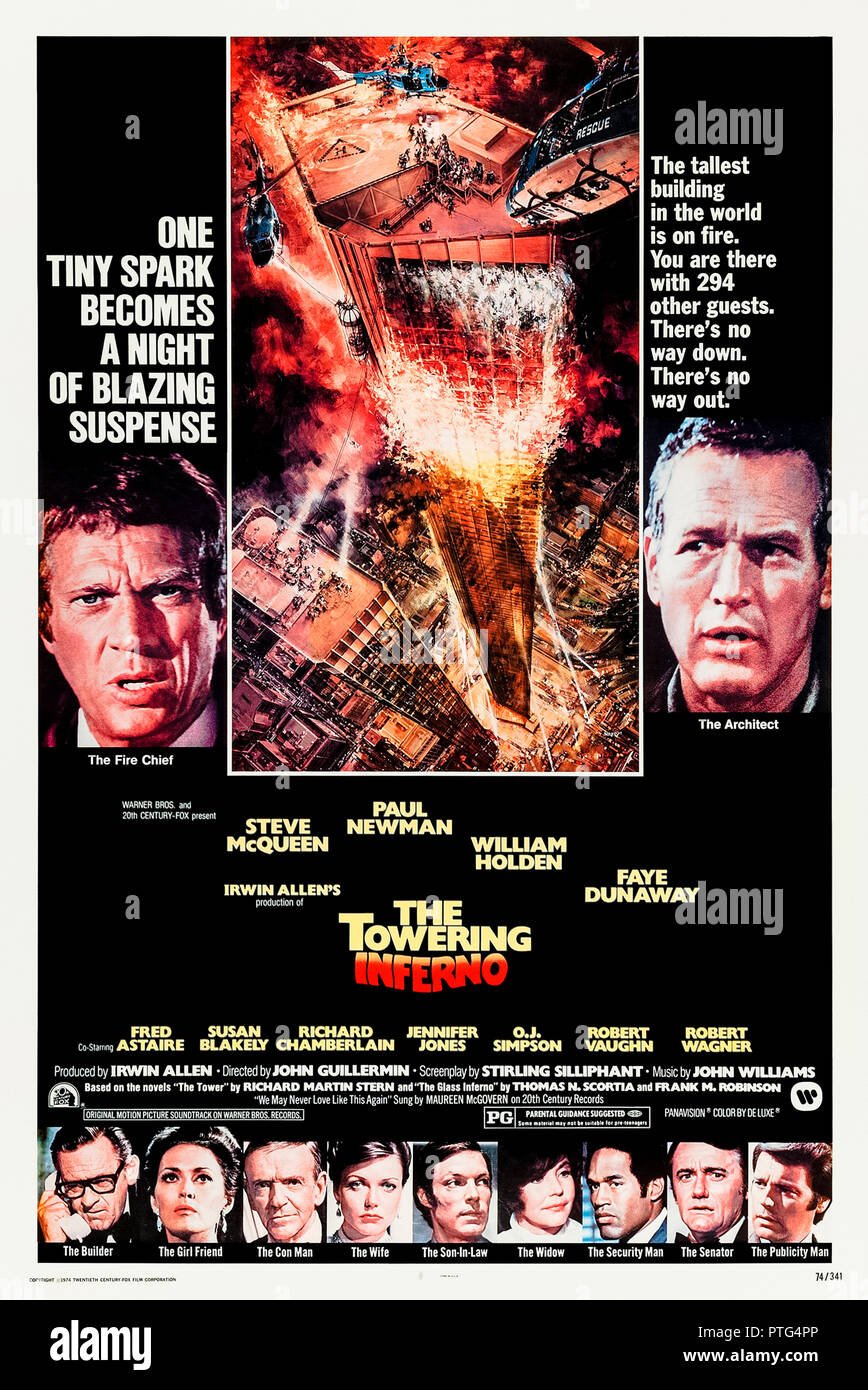 The Towering Inferno (1974) directed by John Guillermin and starring Paul Newman, Steve McQueen, William Holden, O.J. Simpson, and Faye Dunaway. An all star cast in a disaster film about the tallest building in the world catching fire. Stock Photo