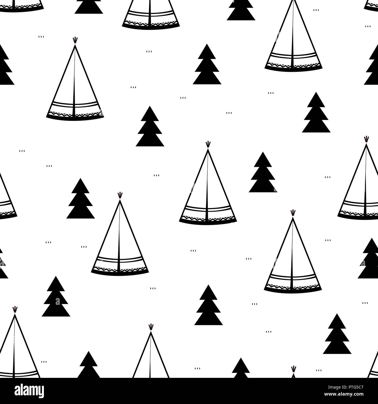 Teepee, native american tent seamless pattern. Wigwams in fir forest. Vector illustration, black and white Stock Vector