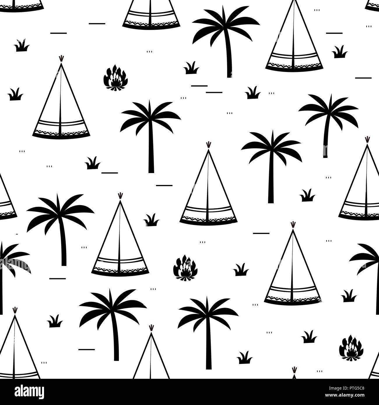Teepee native american summer tent illustration in vector. Wigwams in palm jungle. Seamless pattern, black and white Stock Vector