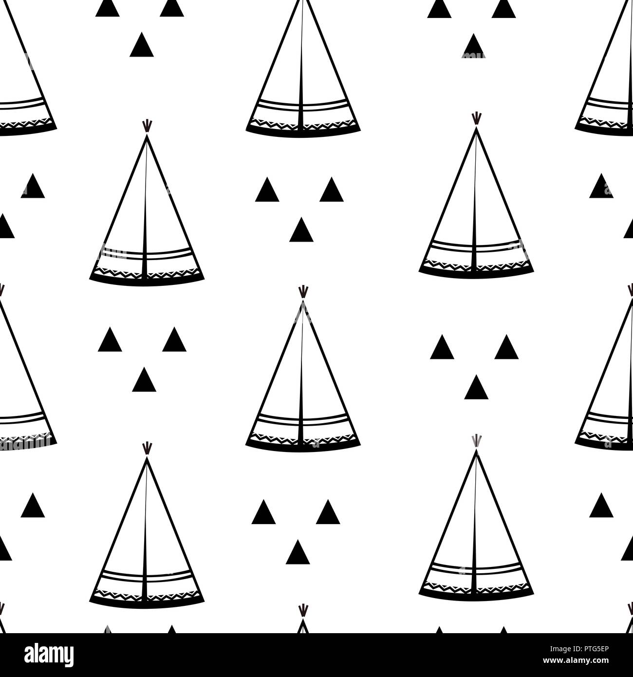 Teepee, native american tent seamless pattern. Wigwams and abstract triangles. Vector illustration, black and white Stock Vector