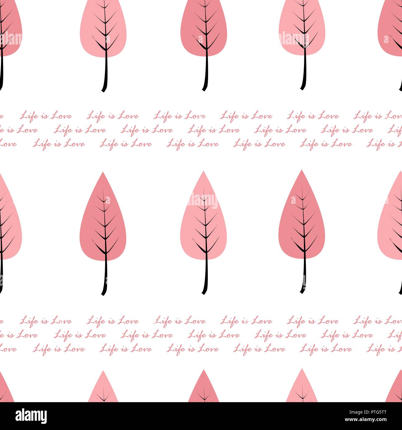 Life is love seamless pattern with text and cartoon pink trees in a row. Modern seamless pattern for cards, wallpapers, and textile. Vector Stock Vector