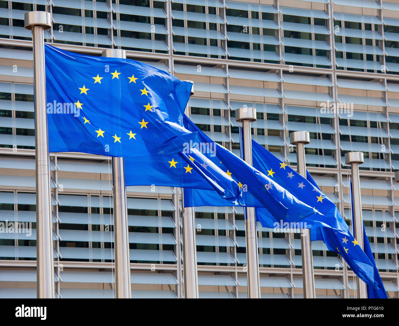 European Flags in front of the European Commission Headquarters building in Brussels, Belgium, Europe Stock Photo