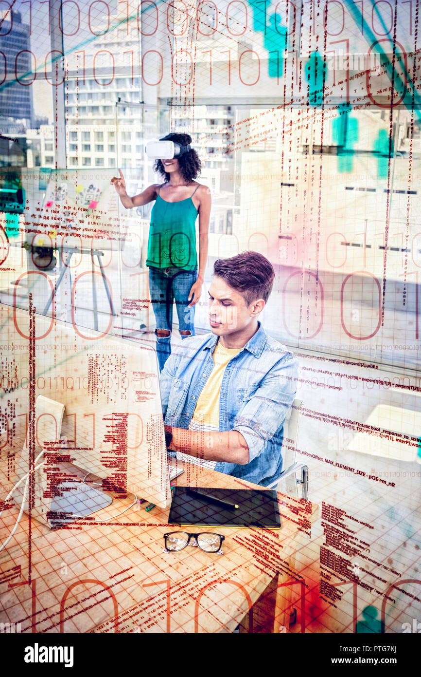 Composite image of binary codes and people icons Stock Photo