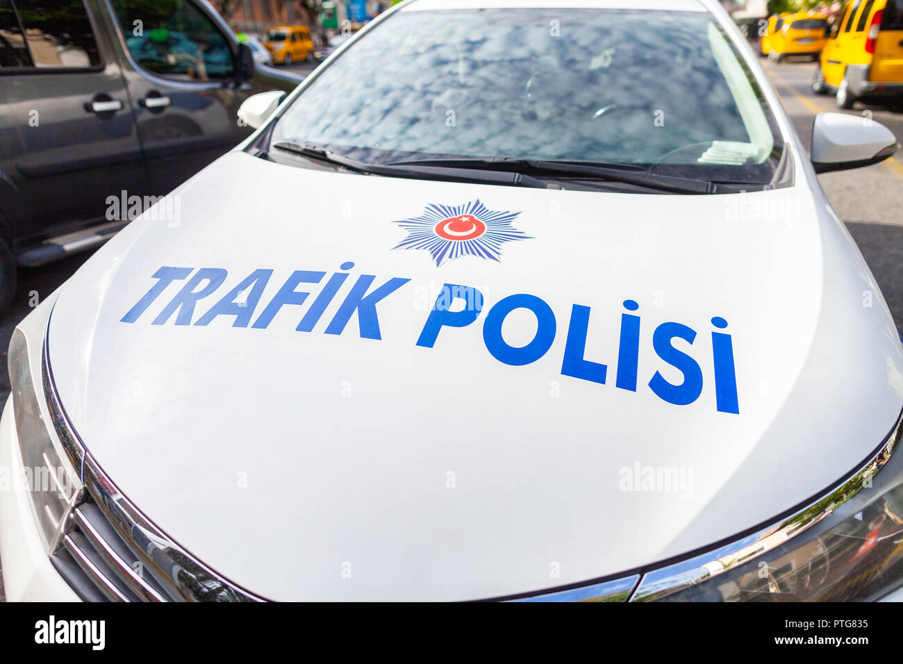 Police car from the turkish police Trafik Polisi stands on a street Stock Photo