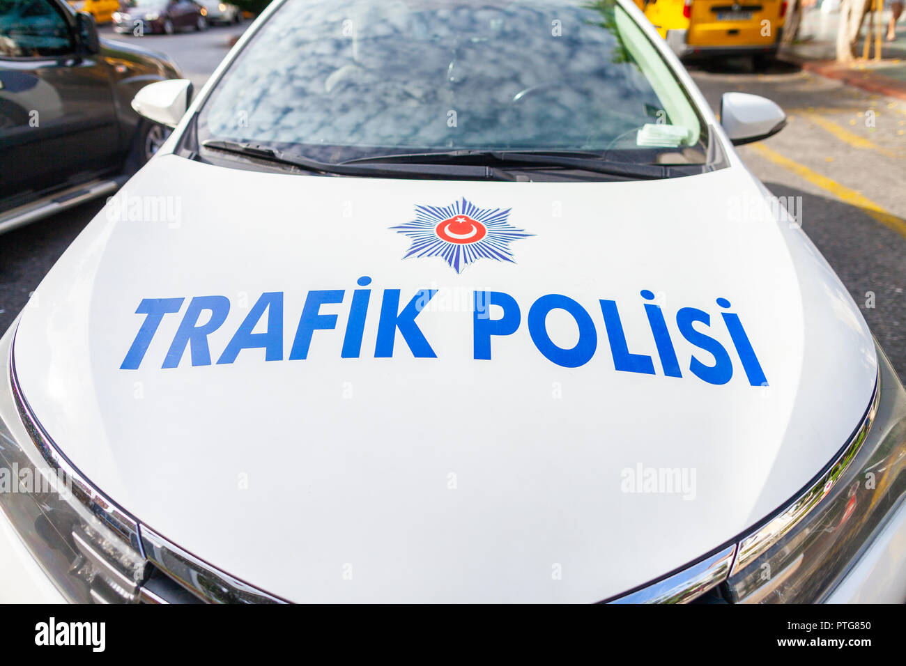 Police car from the turkish police Trafik Polisi stands on a street Stock Photo