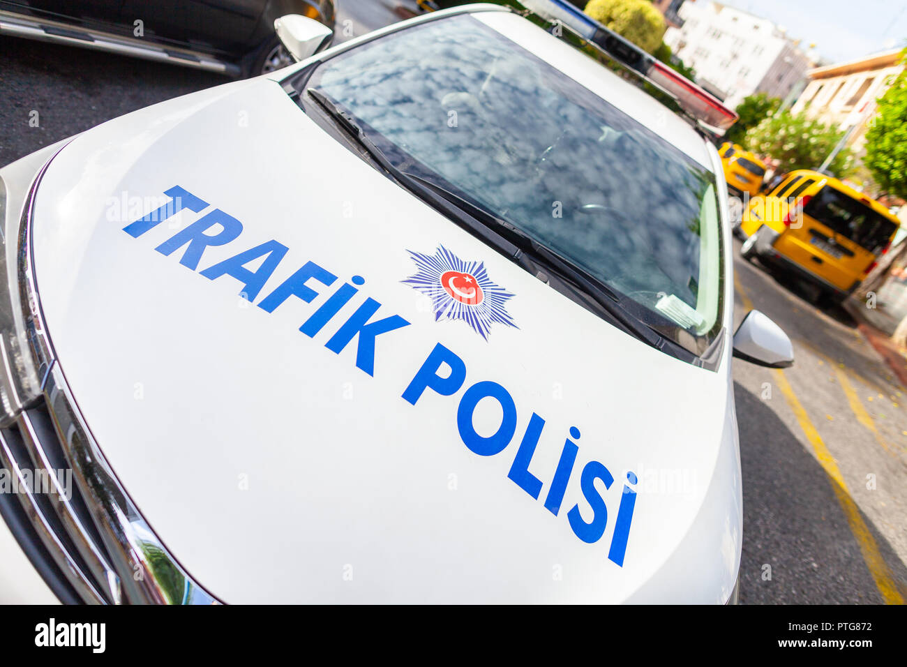 Police car from the turkish police Trafik Polisi stands on a street Stock Photo