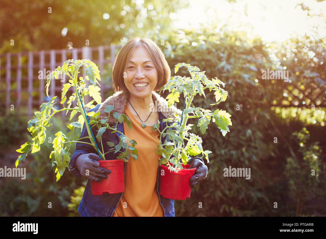 Portrait smiling, confident active senior woman gardening Stock Photo