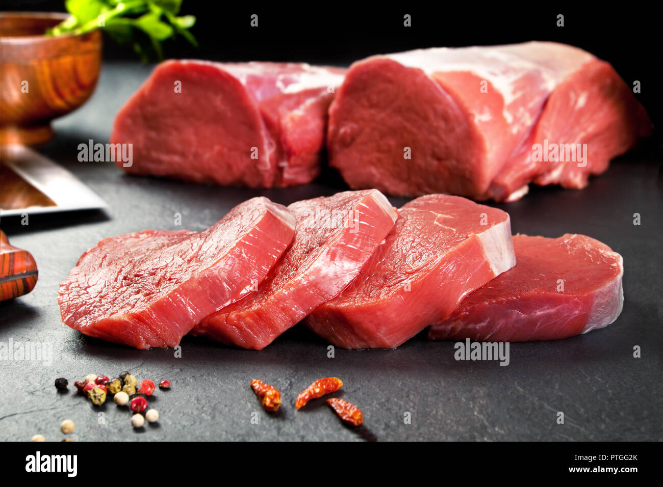 Fresh and raw meat Sirloin medallions steak fillets ready to cook. Stock Photo