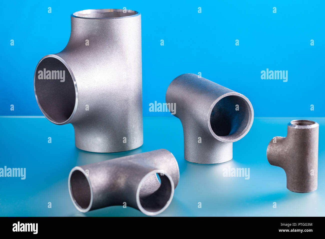 Tees, set of steel welding fittings. Stock Photo