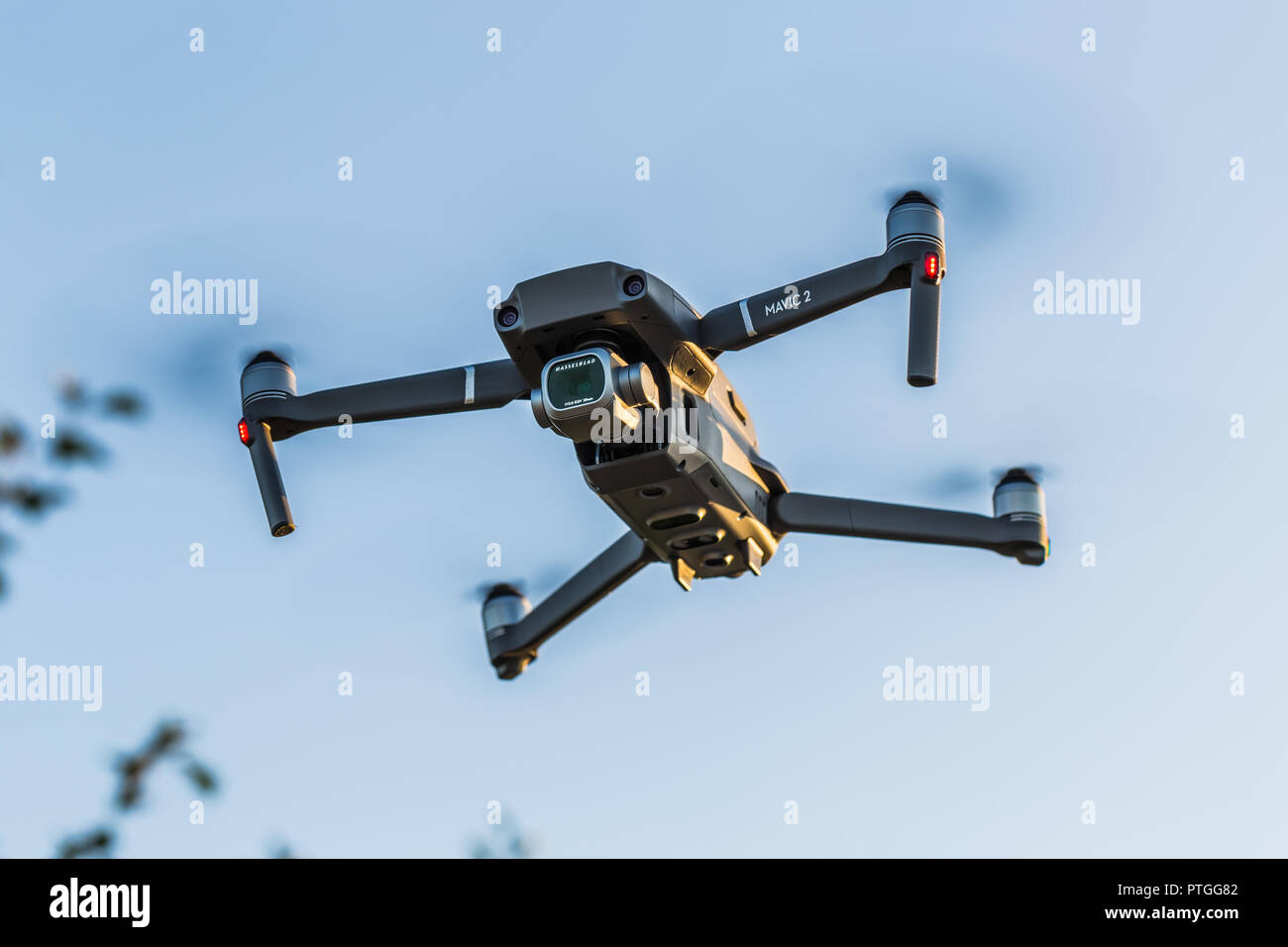 Ostrow Wielkopolski, Poland - September 30, 2018: Flying drone DJI Mavic 2 Pro. Stock Photo
