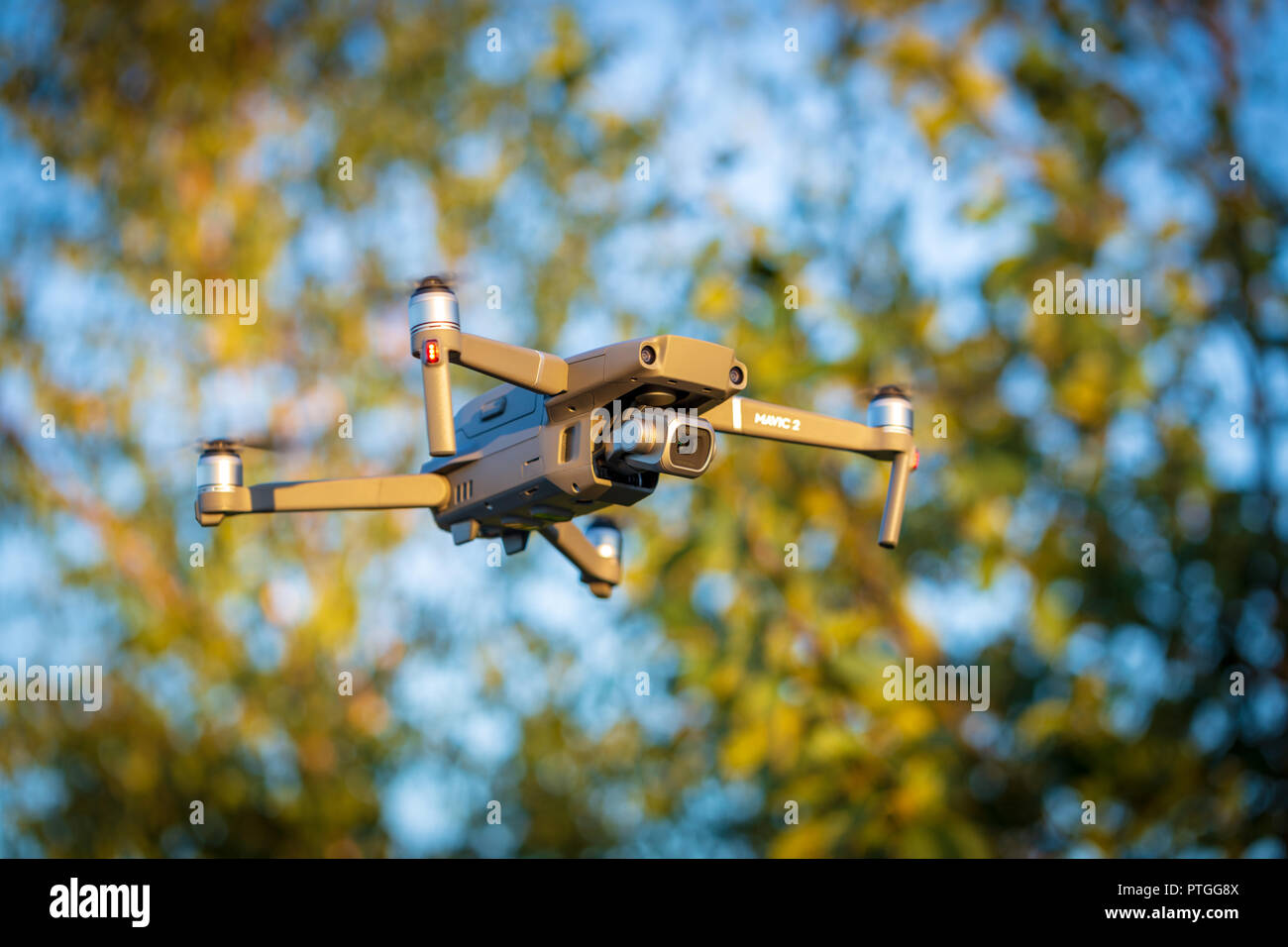Ostrow Wielkopolski, Poland - September 30, 2018: Flying drone DJI Mavic 2 Pro. Stock Photo
