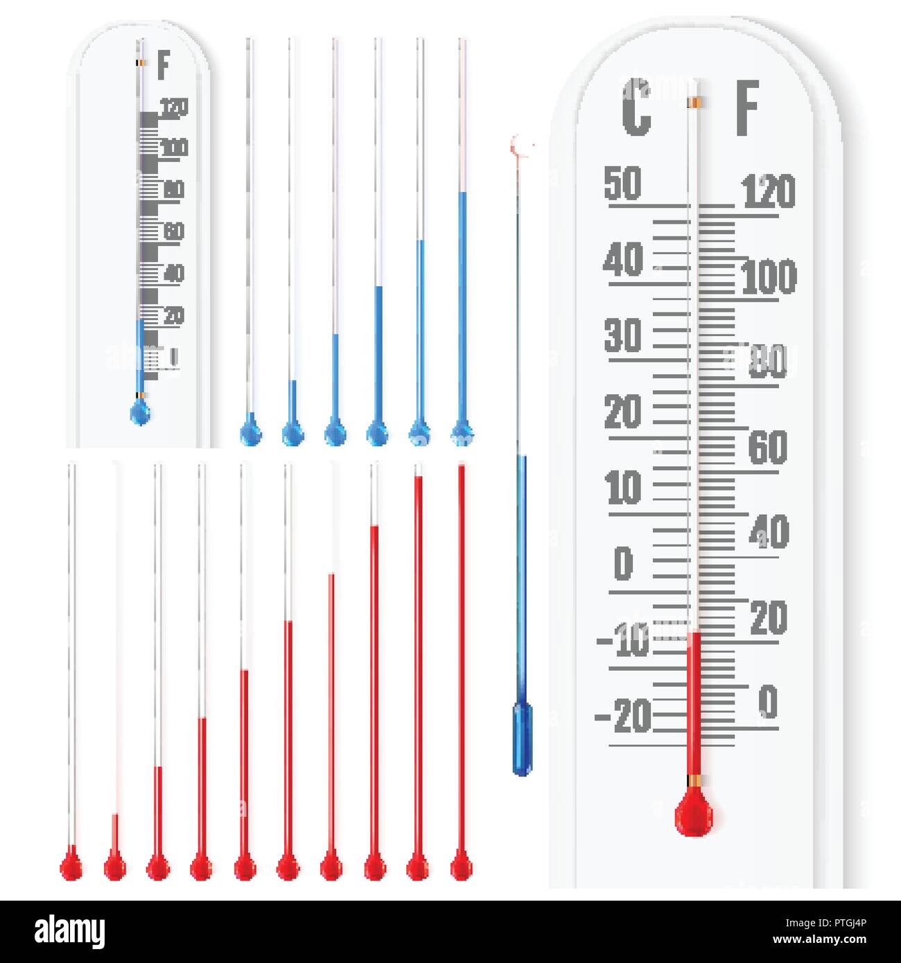 Vector set of realistic liquid thermometers with celsius and fahrenheit