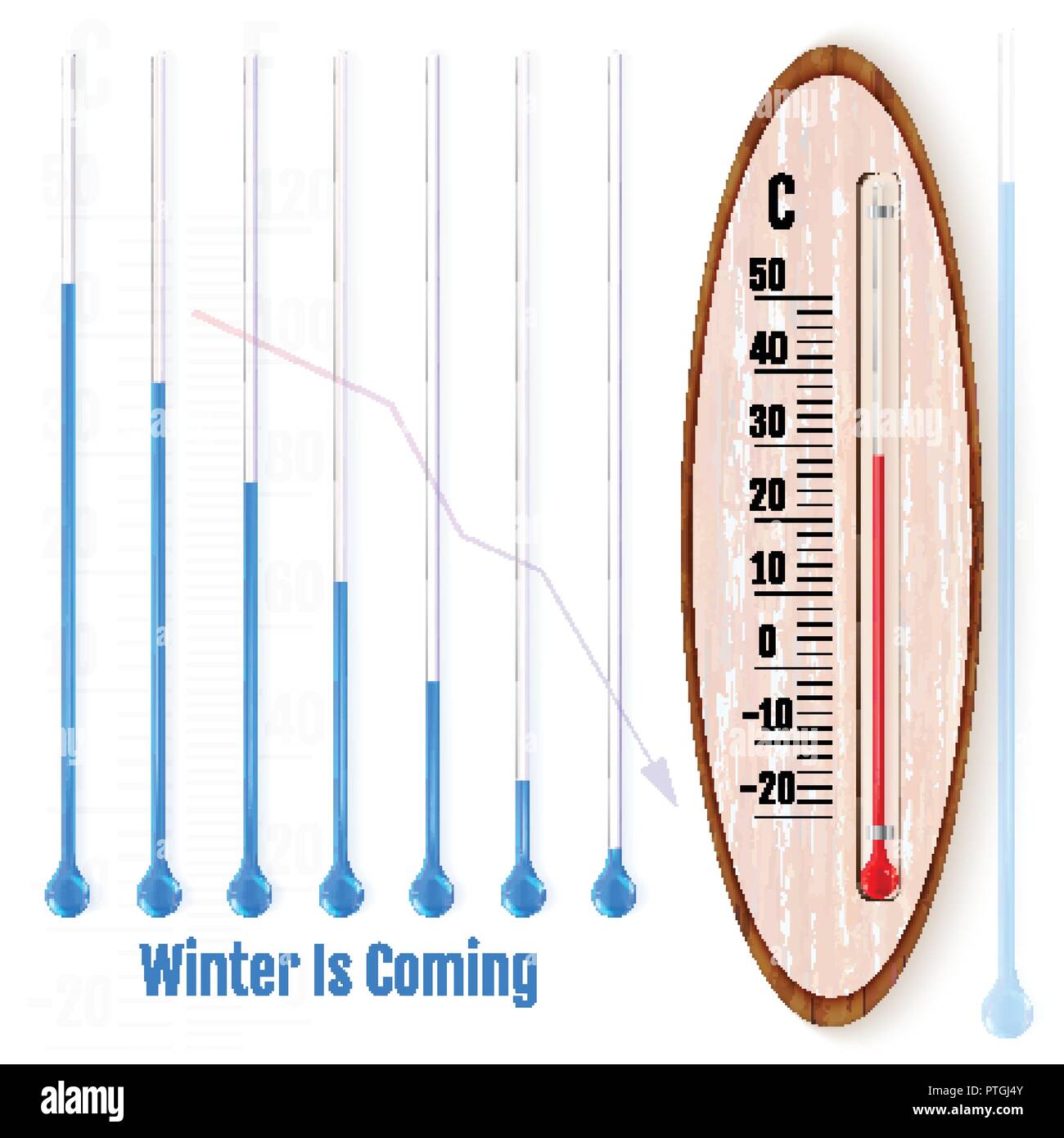 Realistic liquid thermometer, celsius and fahrenheit scales, red and