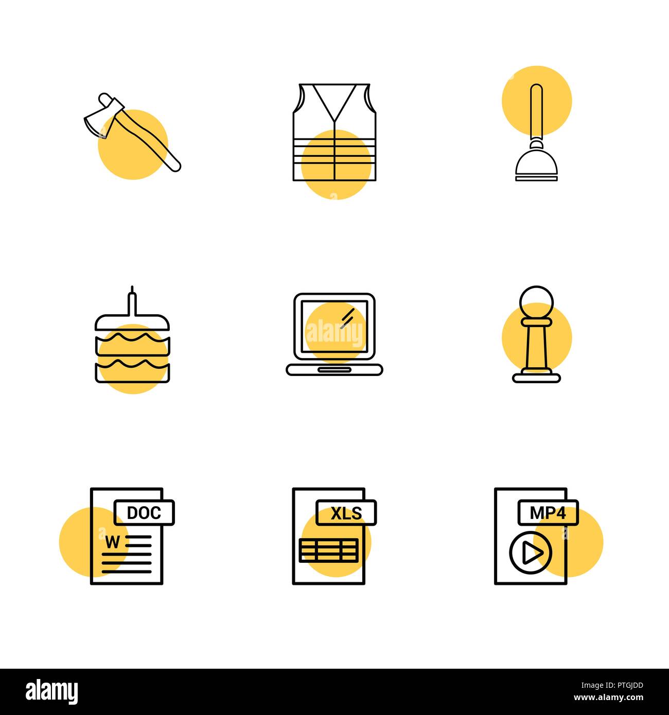 Axe , safety jacket , pump , cake , word document , laptop , mp4 file , pole ,excel file , icon, vector, design,  flat,  collection, style, creative,  Stock Vector