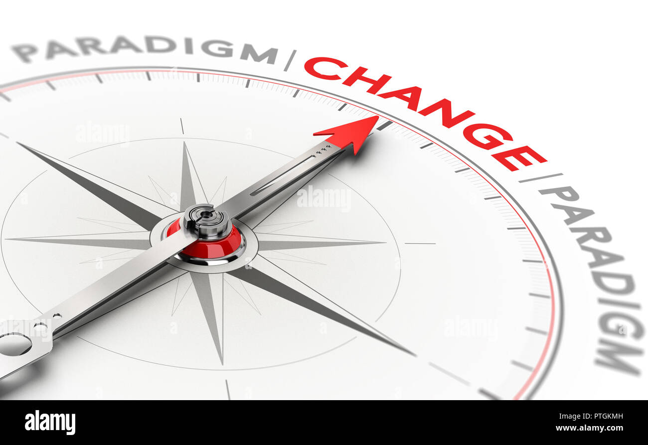 3D illustration of a compass with needle pointing the word change. Concept of paradigm shift Stock Photo