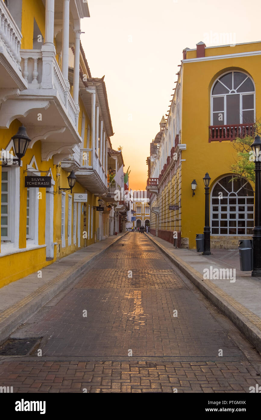 EMPTY STREETS OF CARTAGENA - COLOMBIA in the morning Stock Photo