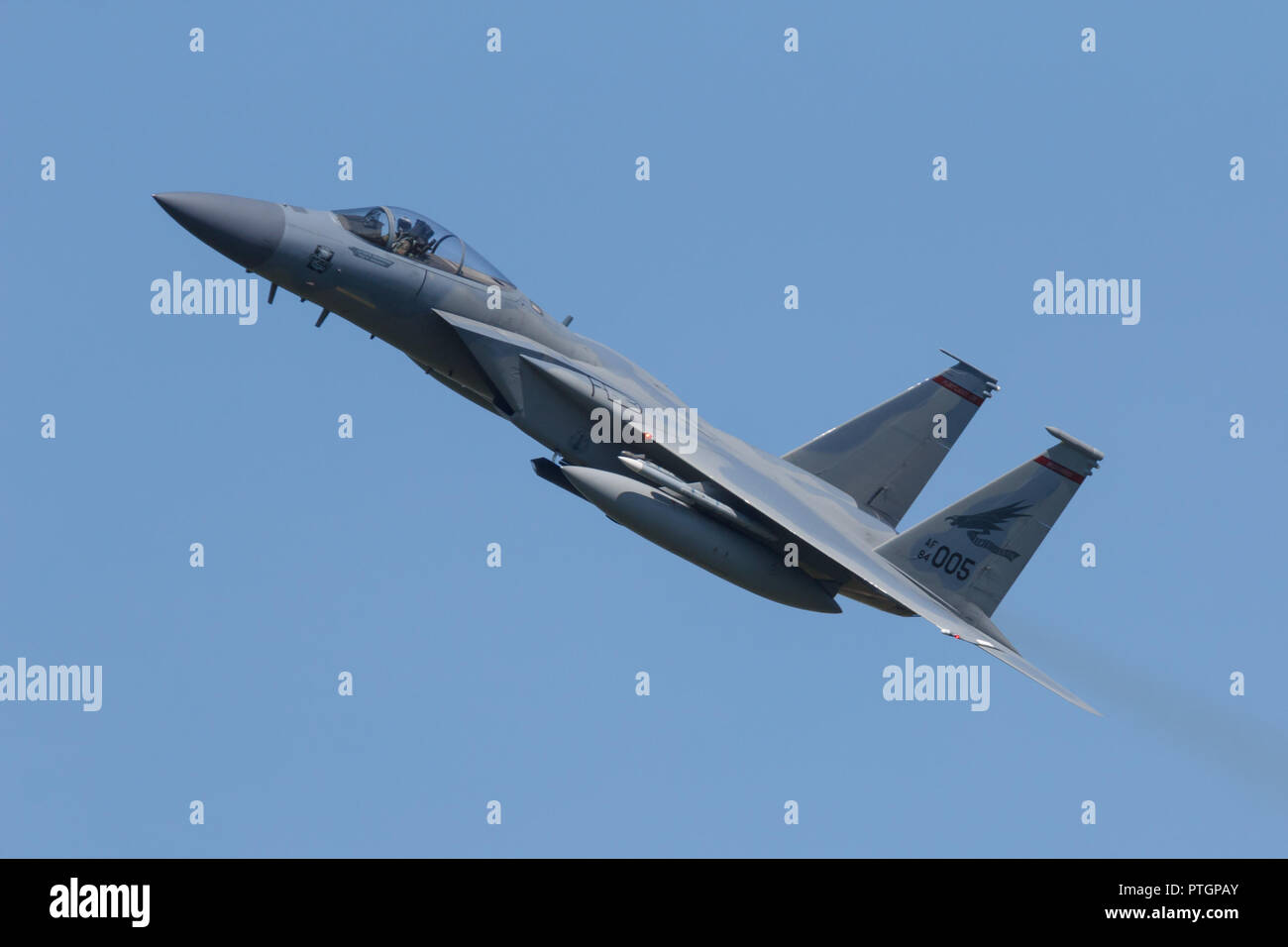 Leeuwarden, Netherlands April 18, 2018: A USAF F-15 of 142 Redhawks Fighter Wing during the Frisian Flag exercise Stock Photo