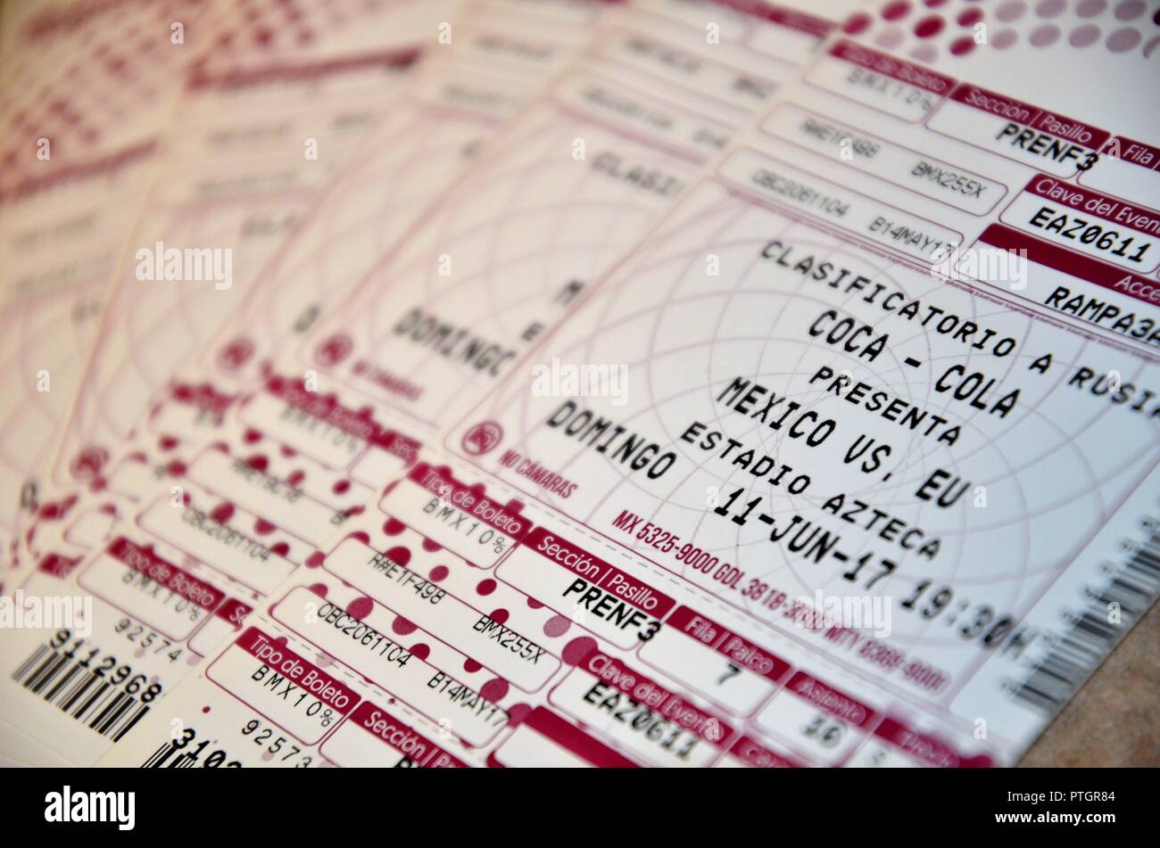 Tickets for the CONCACAF World Cup qualifier game between Mexico and the United States at Azteca Stadium in Mexico City, played June 11, 2017. Stock Photo