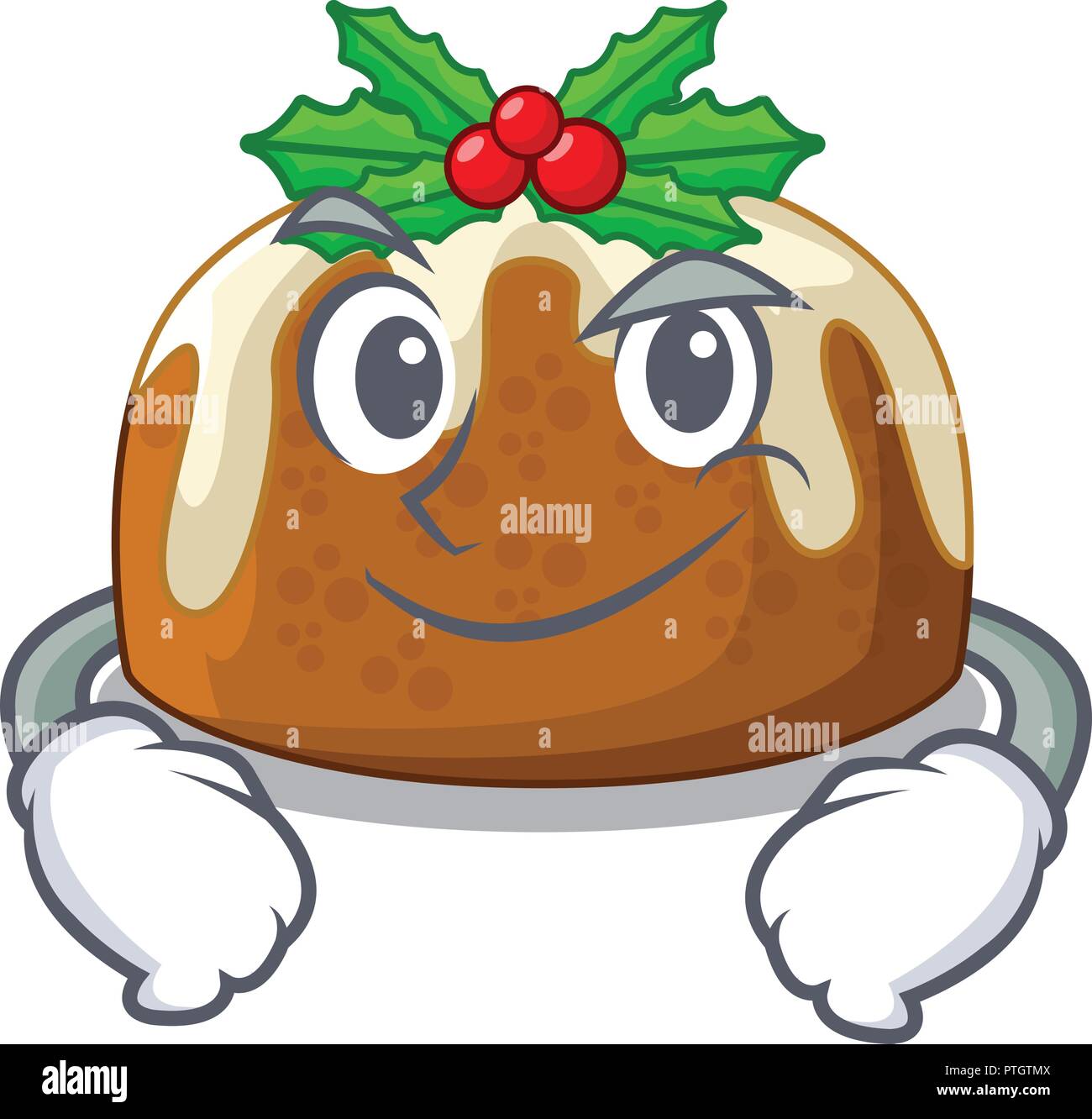 Smirking cartoon homemade christmas pudding with holly Stock Vector